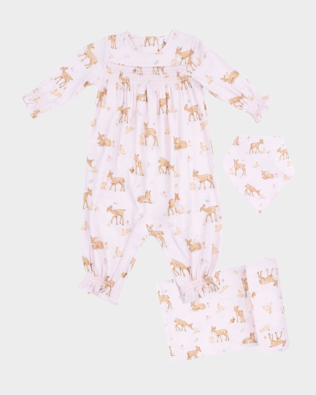 Girl's Little Fawn Smocked Long-Sleeve Romper, Bib & Blanket Set, Size 0M-24